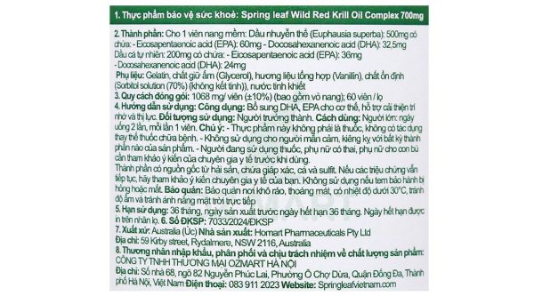 SpringLeaf Wild Red Krill Oil Complex 700mg giúp cải thiện trí nhớ, thị lực lọ 60 viên