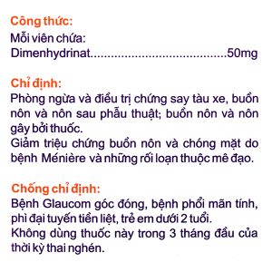Vomina 50 trị chóng mặt, buồn nôn (25 vỉ x 4 viên)