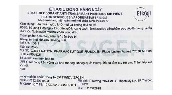 Xịt khử mùi Etiaxil Déodorant Anti-Transpirant 48h khử mùi hôi chân chai 100ml