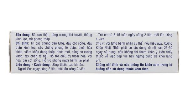 Xương Khớp Nhất Nhất trị đau lưng, đau thần kinh tọa, thoái hóa khớp (2 vỉ x 10 viên)