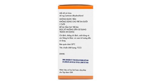 Dung dịch uống Zyrtec 0.1% giảm triệu chứng viêm mũi dị ứng, mề đay chai 60ml