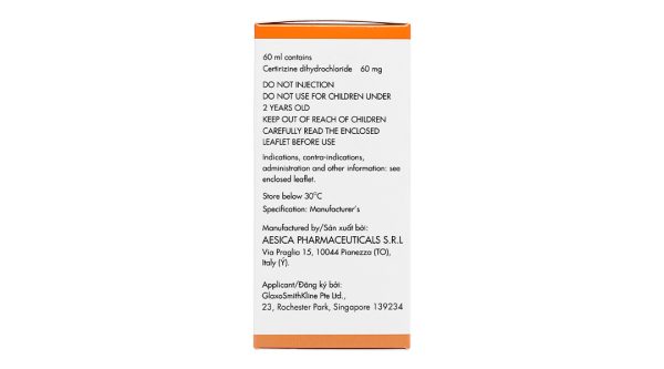 Dung dịch uống Zyrtec 0.1% giảm triệu chứng viêm mũi dị ứng, mề đay chai 60ml